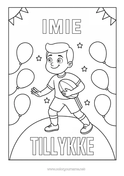 Kolorowanka do wydruku Sport Urodziny Balony Rugby Piłka Rugby Wszystkiego Najlepszego Z Okazji Urodzin! Sporty Drużynowe