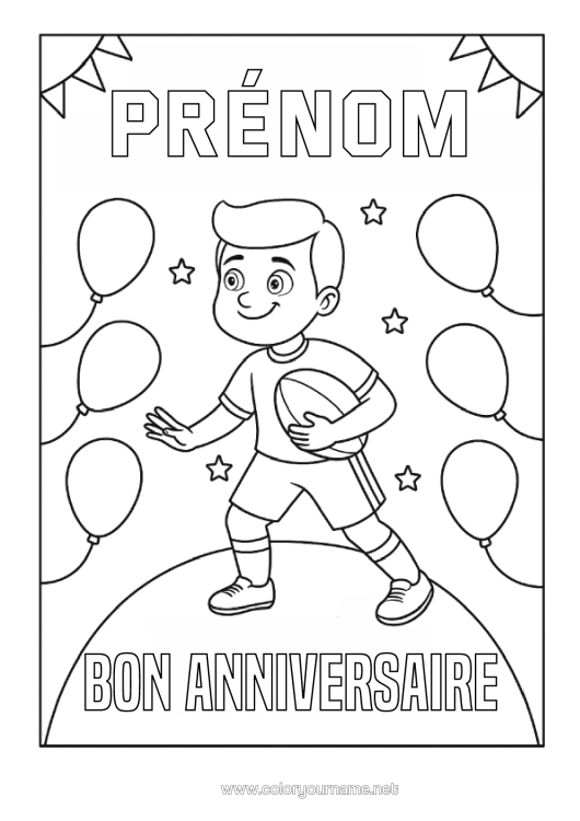Coloriage à imprimer Sport Anniversaire Ballons Rugby Ballon De Rugby Joyeux Anniversaire (Français) Message Sports D'équipe