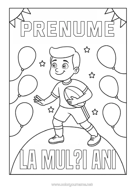 Pagină de colorat de imprimat Sport Aniversare Baloane Rugby Minge De Rugby La Mulți Ani! Sporturi De Echipă