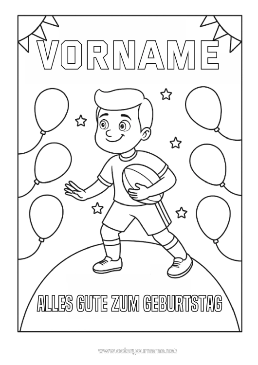 Malvorlage zum Ausdrucken Sport Geburtstag Luftballons Rugby Rugbyball Alles Gute Zum Geburtstag (Französisch) Nachricht Mannschaftssportarten