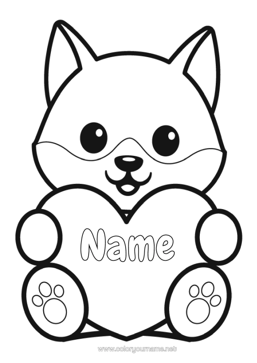 Coloring page to print Wolf Cute Heart Kawaii Fox Easy Coloring Pages Forest Animals