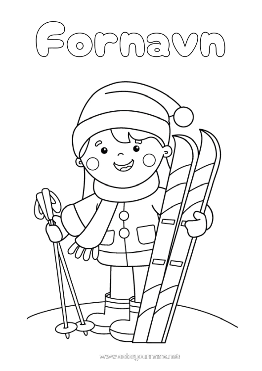 Fargeleggingssiden til utskrift Barn Skjerf Ski Vintersport Vinterlue