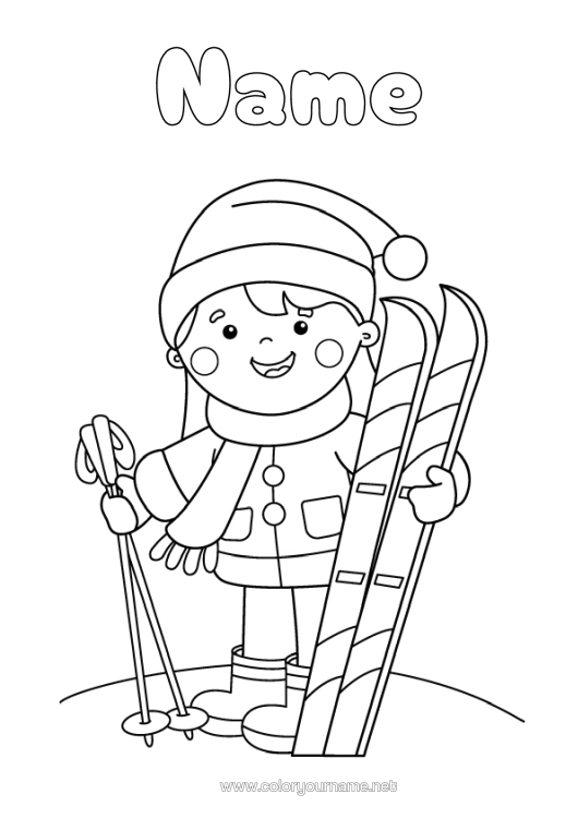 Colouring page to print Sport Child Scarf Ski Winter Sports Winter Hat
