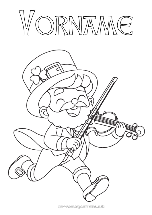 Malvorlage zum Ausdrucken Kleeblatt Irland St. Patrick's Day Musikinstrumente Geige