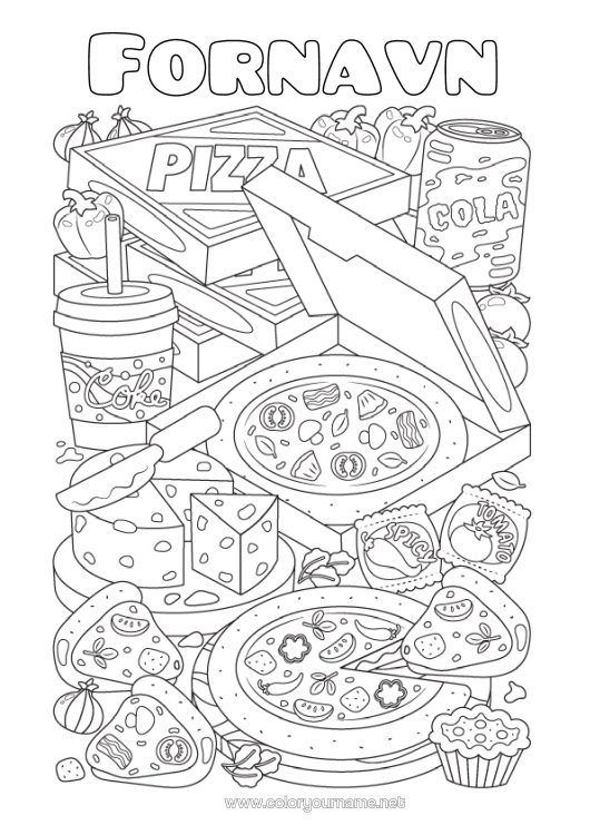 Fargeleggingssiden til utskrift Mat Drikke Brus Pizza Ost