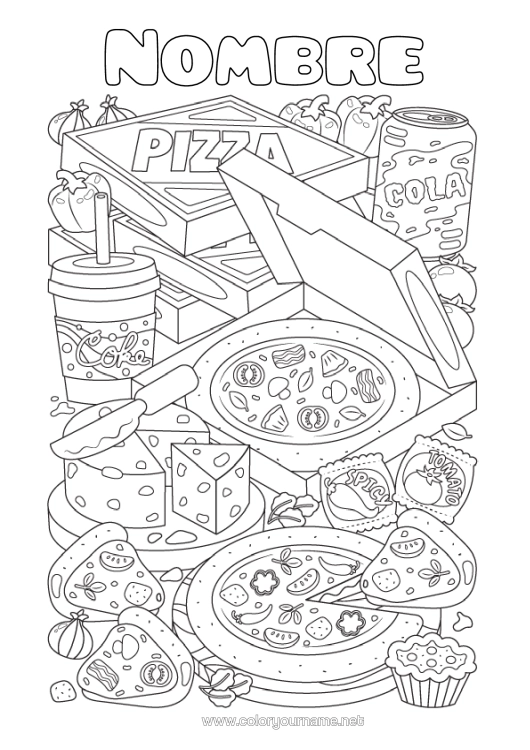 Dibujo para colorear para imprimir Alimento Bebidas Soda Pizza Queso