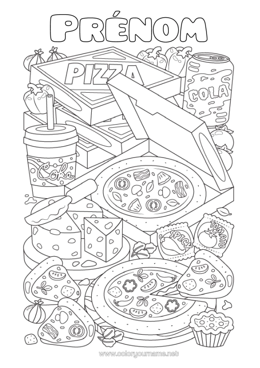 Coloriage à imprimer Nourriture Boisson Soda Pizza Fromage