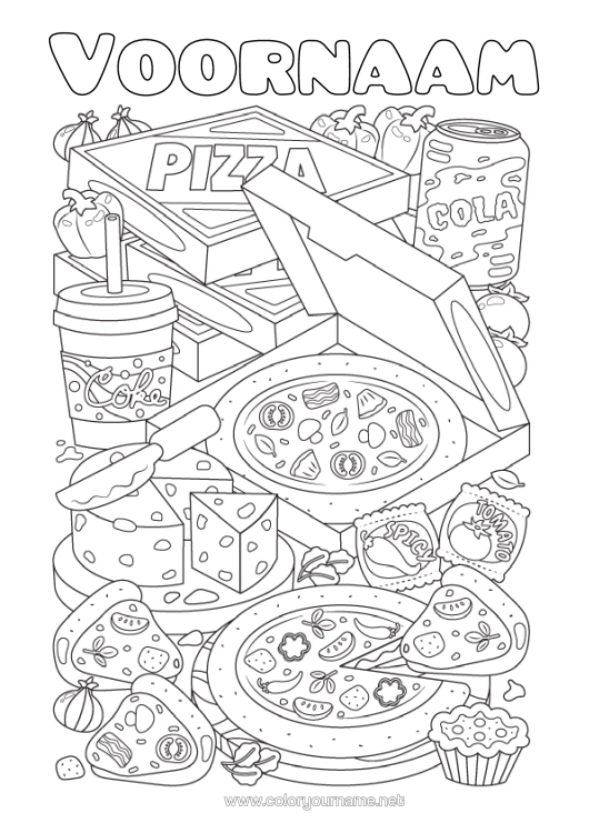 Kleurplaat om af te drukken Voedsel Drankje Frisdrank Pizza Kaas