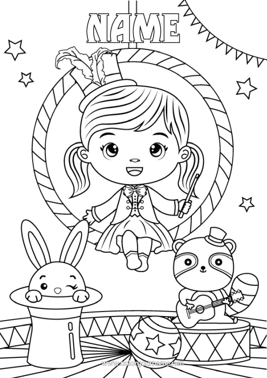 Colouring page to print Sport Girl Rabbit Hat Forest Animals Circus Magician