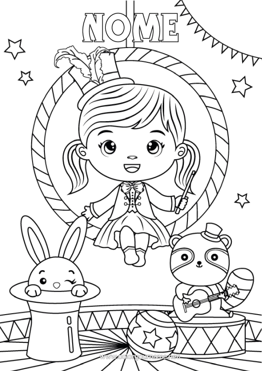 Pagina da colorare da stampare Ragazza Coniglio Cappello Animali Della Foresta Circo Mago