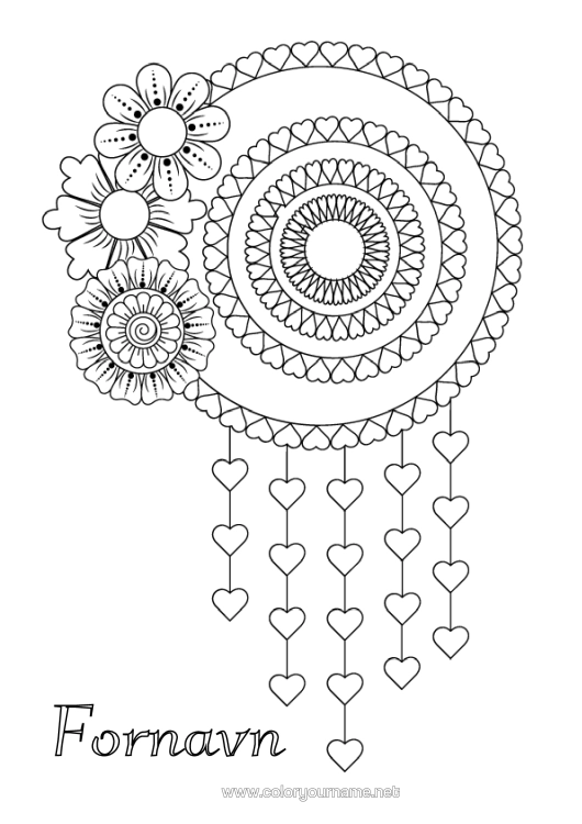 Farvelægningssiden til udskrivning Blomster Hjerte Zentangle Drømmefanger