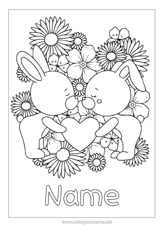 Colouring page to print Heart I Love You. Rabbit Animal Valentine's Day Forest Animals Kiss