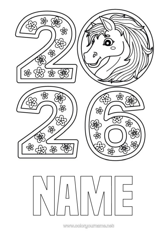 Colouring page to print Horse Chinese New Year Farm Animals 2026