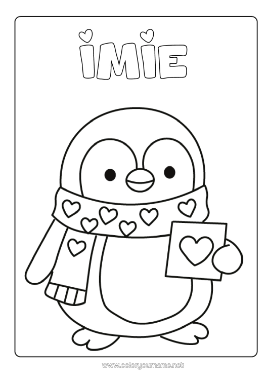 Kolorowanka do wydruku Serce Kocham Cię. Pingwin, Pingwin Cesarski Łatwe Kolorowanki Ptaki I Latające Ssaki Szalik Pocztówka