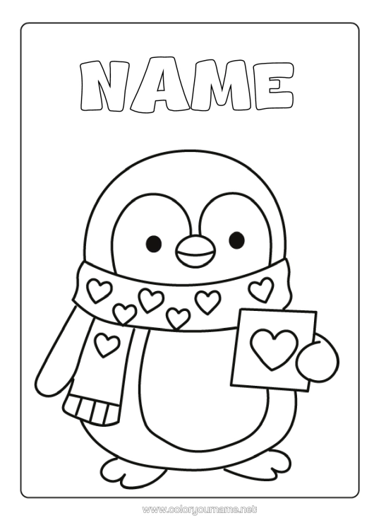 Colouring page to print Heart I Love You. Penguin, Tuxedo Animal Easy Colouring Pages Birds And Flying Mammals Scarf Postcard