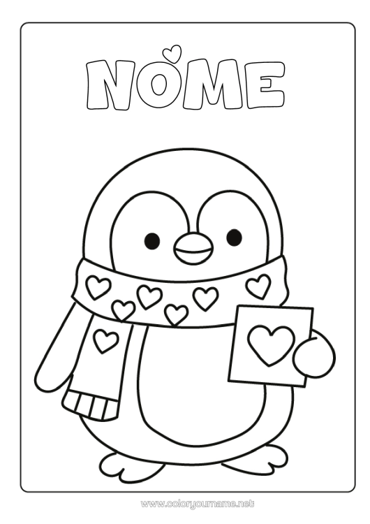 Pagina da colorare da stampare Cuore Ti Amo Pinguino, Pinguino Disegni Da Colorare Facili Uccelli E Mammiferi Volanti Sciarpa Cartolina