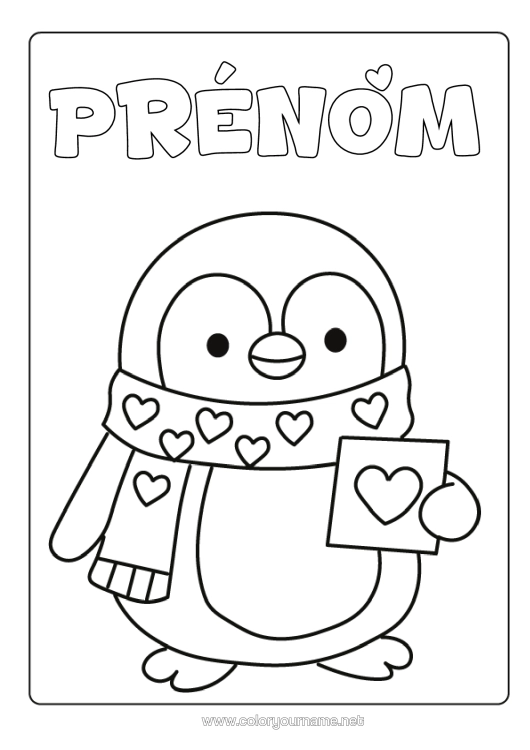 Coloriage à imprimer Coeur Je T'aime Pingouin, Manchot Coloriages Faciles Oiseaux Et Mammifères Volants Écharpe Carte Postale