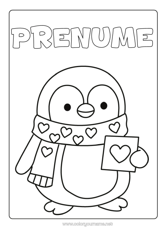 Pagină de colorat de imprimat Inimă Te Iubesc. Pinguin, Pinguin De Gheață Desene De Colorat Ușoare Păsări Și Mamifere Zburătoare Fular Carte Poștală