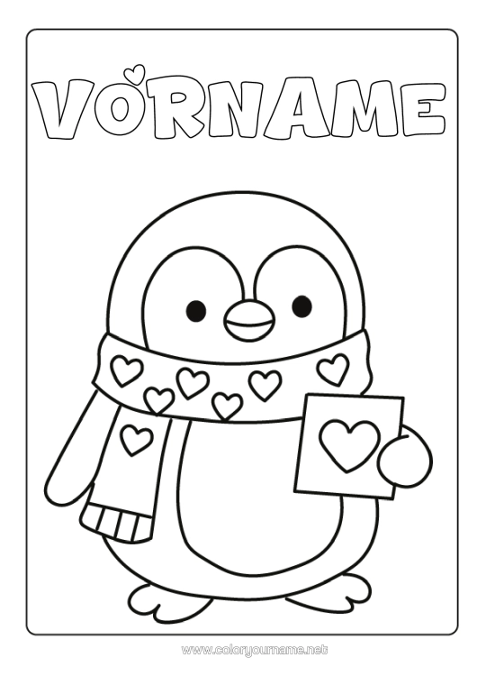 Malvorlage zum Ausdrucken Herz Ich Liebe Dich Pinguin, Pinguin Einfache Ausmalbilder Vögel Und Fliegende Säugetiere Schal Postkarte
