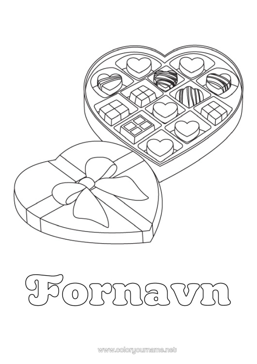 Farvelægningssiden til udskrivning Hjerte Valentinsdag Chokolade Slik, Søde Sager