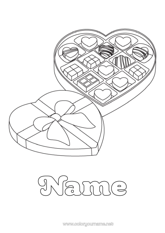 Colouring page to print Heart Valentine's Day Chocolate Treats, Sweets