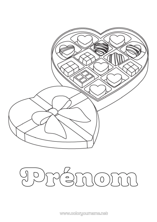 Coloriage à imprimer Coeur Saint Valentin Chocolat Gourmandises, Sucreries