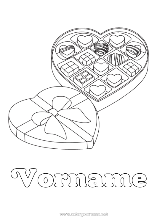 Malvorlage zum Ausdrucken Herz Valentinstag Schokolade Leckereien, Süßigkeiten