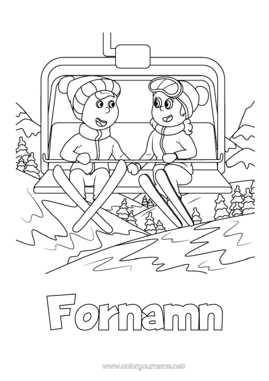 Färgläggningssida att skriva ut Skidåkning Vintersporter Vintermössa Stolslift