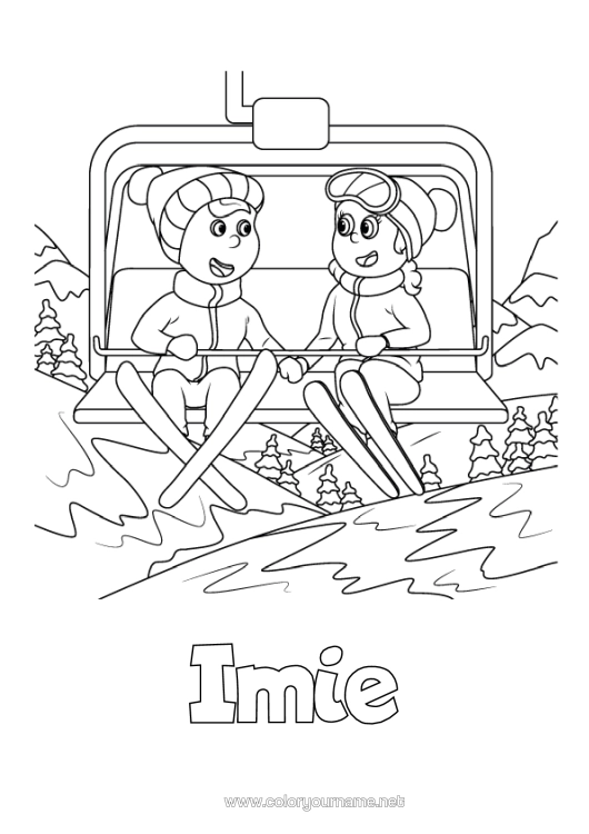 Kolorowanka do wydruku Narty Sporty Zimowe Czapka Zimowa Wyciąg Krzesełkowy
