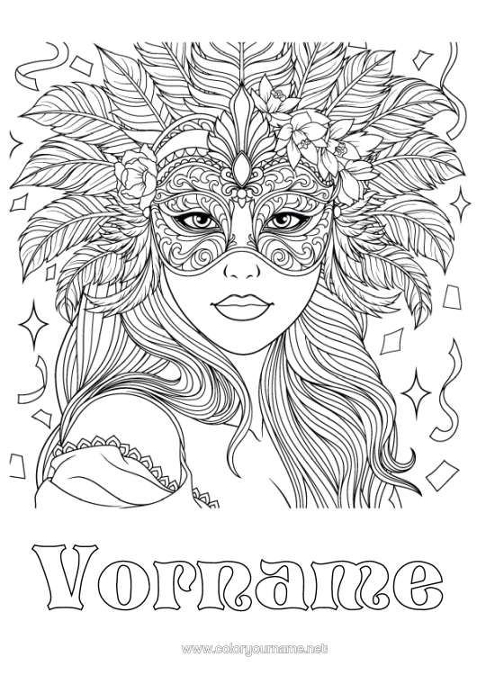 Malvorlage zum Ausdrucken Maske Karneval Komplexe Ausmalbilder Feder Frau