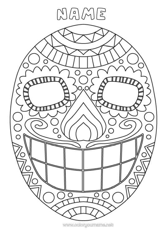 Colouring page to print Mask Day Of The Dead Carnival Calaveras, Skulls