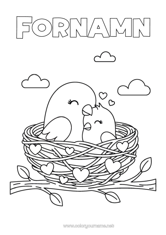 Färgläggningssida att skriva ut Hjärta Grattis På Födelsedagen Fågel Jag Älskar Dig. Fåglar Och Flygande Däggdjur Fågelbo Bebisdjur