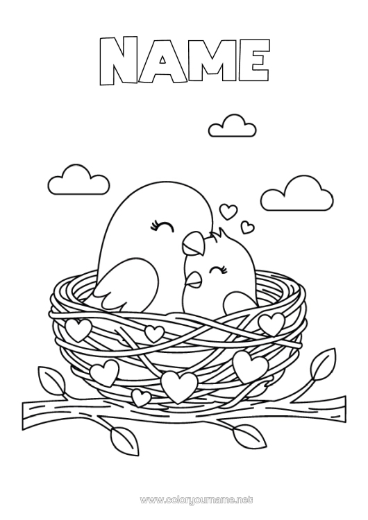 Colouring page to print Heart Happy Birthday Bird I Love You. Animal Birds And Flying Mammals Bird's Nest Cub