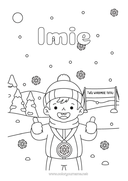 Kolorowanka do wydruku Śnieg Zima Płatki Śniegu Puchar, Trofeum, Medal. Mistrz Zawody I Nagrody Sporty Zimowe Igrzyska Olimpijskie Czapka Zimowa