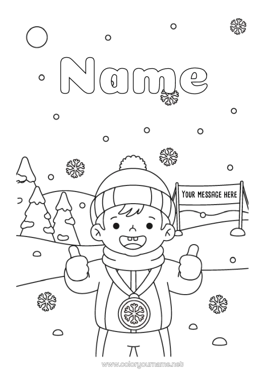 Coloring page to print Snow Winter Snowflakes Cup, Trophy, Medal Champion Competitions And Rewards Winter Sports Olympic Games Winter Hat