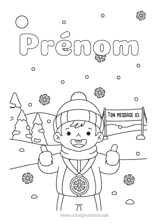 Coloriage à imprimer Neige Hiver Flocons De Neige Coupe, Trophée, Médaille Champion Compétitions Et Récompenses Sports D'hiver Jeux Olympiques Bonnet D'hiver