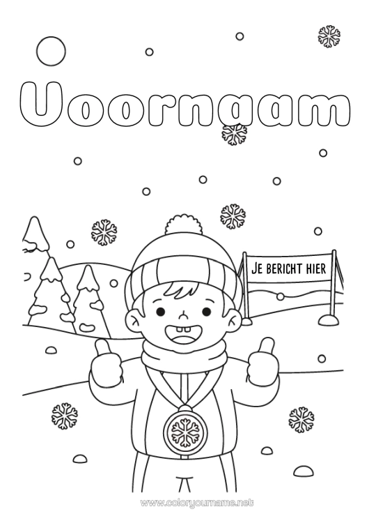 Kleurplaat om af te drukken Sneeuw Winter Sneeuwvlokken Beker, Trofee, Medaille Kampioen Wedstrijden En Beloningen Wintersporten Olympische Spelen Wintermuts