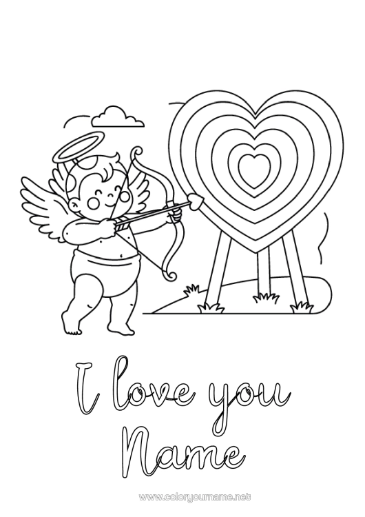 Colouring page to print I Love You. Valentine's Day Cupid Angel "I Love You" Other Sports Archery