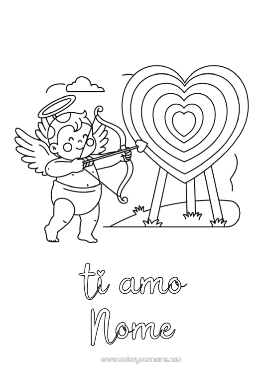 Pagina da colorare da stampare Ti Amo San Valentino Cupido Angelo "Ti Amo" (Francese) Messaggio Altri Sport Tiro Con L'arco