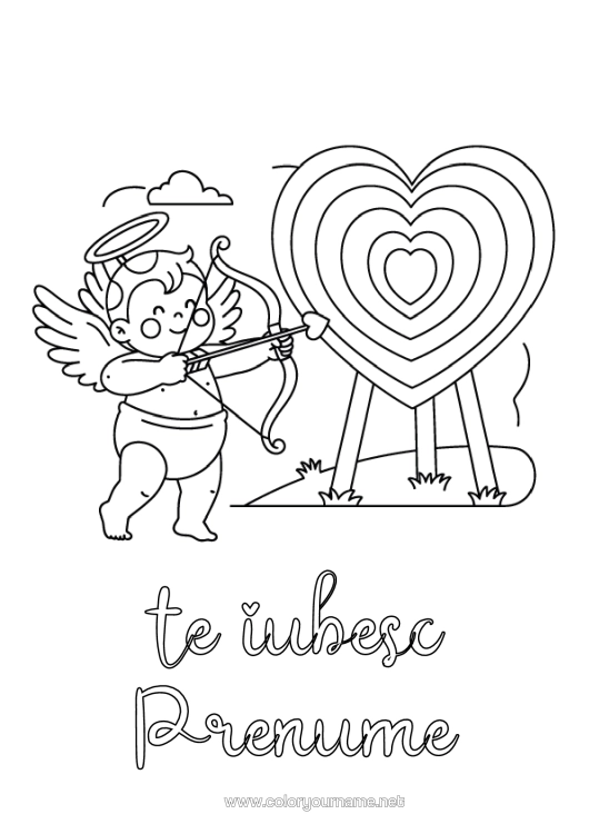 Pagină de colorat de imprimat Te Iubesc. Ziua Îndrăgostiților Cupidon Înger "Te Iubesc" Alte Sporturi Tir Cu Arcul