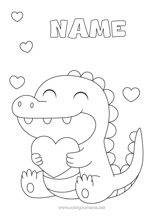 Coloring page to print Heart Kawaii Dinosaurs Crocodile Reptiles