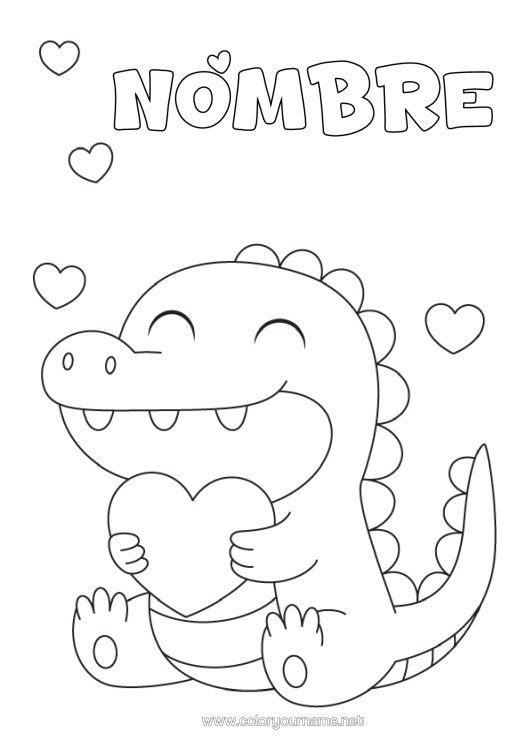 Dibujo para colorear para imprimir Corazón Kawaii Dinosaurios Cocodrilo Reptiles