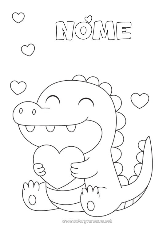 Página de desenho para imprimir Coração Kawaii Dinossauros Crocodilo Répteis