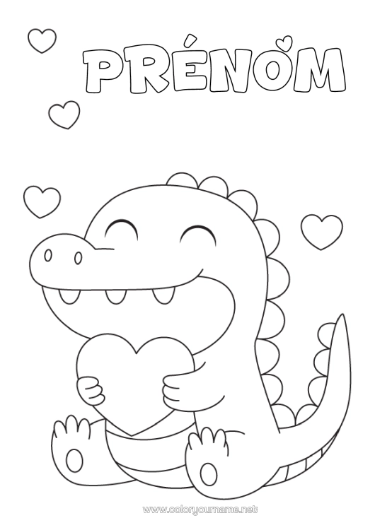 Coloriage à imprimer Coeur Kawaii Dinosaures Crocodile Reptiles
