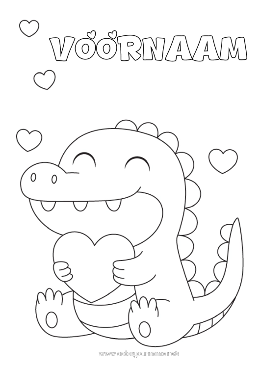 Kleurplaat om af te drukken Hart Kawaii Dinosaurussen Krokodil Reptielen