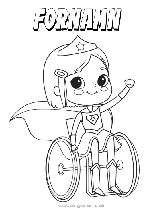 Färgläggningssida att skriva ut Utklädnad Flicka Hjälte Rullstol