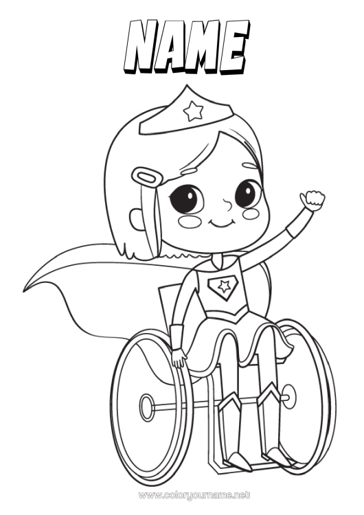 Coloring page to print Fancy Dress Girl Hero Wheelchair