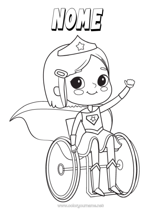 Página de desenho para imprimir Fantasia Menina Herói Cadeira De Rodas
