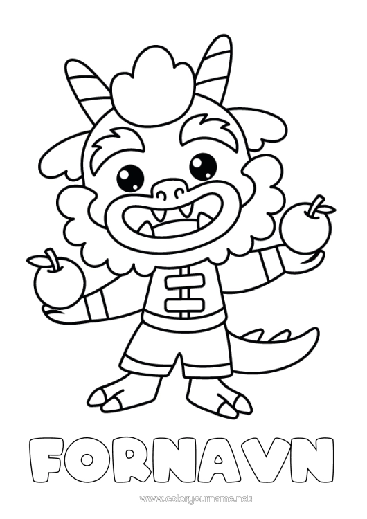 Farvelægningssiden til udskrivning Drage Kinesisk Nytår Frugter Drager, Enhornede Heste Og Fantastiske Dyr Æble