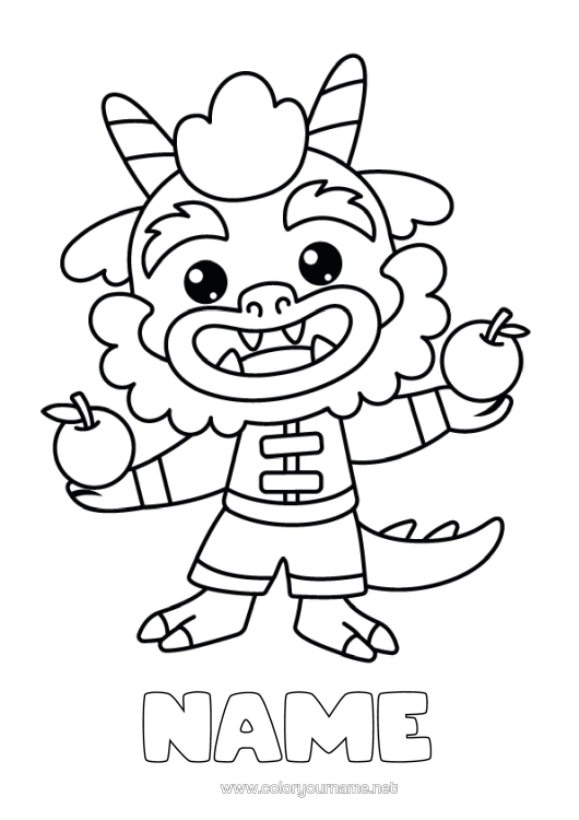 Colouring page to print Dragon Animal Chinese New Year Fruit Dragons, Unicorns, And Fantastical Creatures Apple